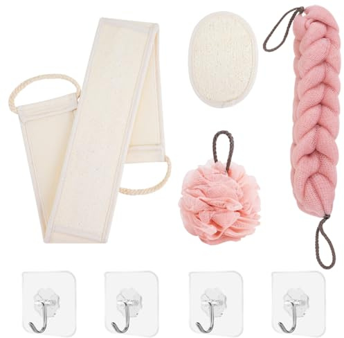IBEQUEM 4 estropajos exfoliantes para baño y espalda, bola de ducha Bushel de malla de baño y esponja trasera elástica duradera con mango para mujeres y hombres, limpieza profunda, 4 ganchos