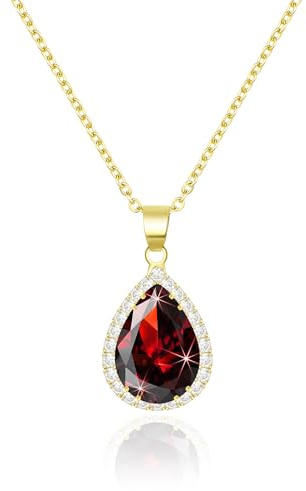 Linawe Ruby Necklace for Women Trendy, Red Crystal Pendant Gold Chain Necklace, Boho Imitation Diamond Cubic Zirconia Birthstone Rhinestone CZ Preppy Costume Jewellery Set