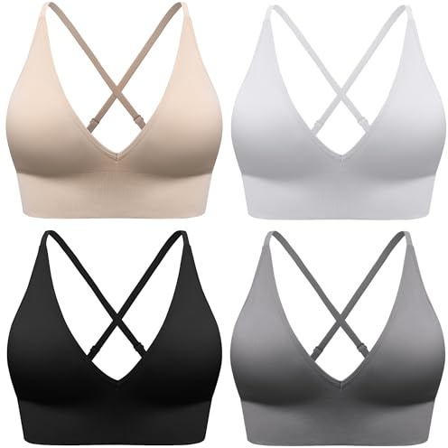 Evercute Reggiseni Sportivi da Donna Regolabili con Scollo a V Profondo Reggiseni Senza Fili Cinghia di Spaghetti Incrociati Imbottiti a Basso Supporto Reggiseni Sexy, Nero Bianco Grigio Carne