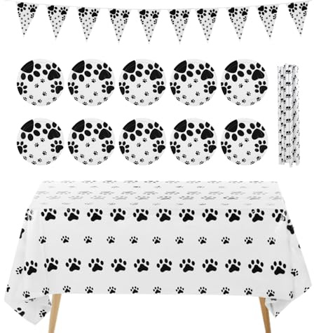 USHXVG 46-Piece Dog Paw Print Party Decoration Set, Black and White, Paper Material, Party Decorations