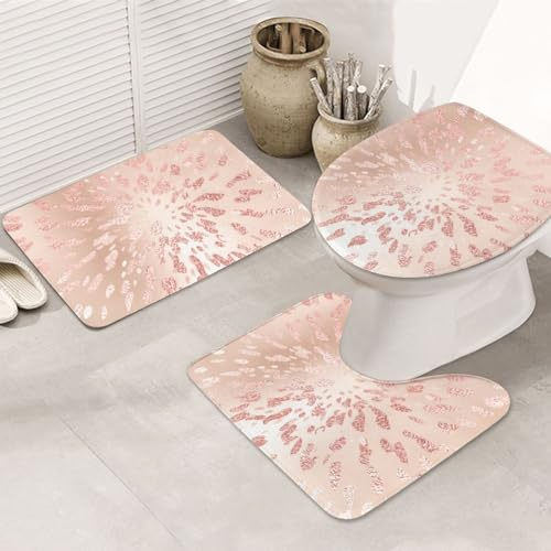 Set 3 Teilig Badvorleger Rosa Blume Gold Metall Erröten Gold Grau Abstrakt Badezimmer Set Wasserabsorbierend Weiche Badgarnitur Badematten, Für Badewanne, Badezimmer