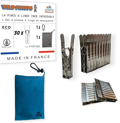 Wild Pinups: 30 Edelstahl Wäscheklammern Pincinox mit Wäscheklammerbeutel und Karabiner. Für Waschküche, Wäscheleine, Wäschespinne. Robuste und langlebige Wäscheklammern, Made in France