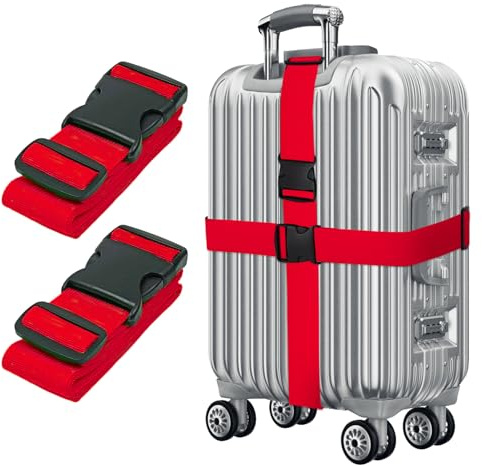 Sangles de Bagage Réglables avec Boucle Ceinture Elastique Valise Croisée Voyage Lanière pour Valise Attache pour Fermeture Sécurisée 2 Pièces (Rouge)