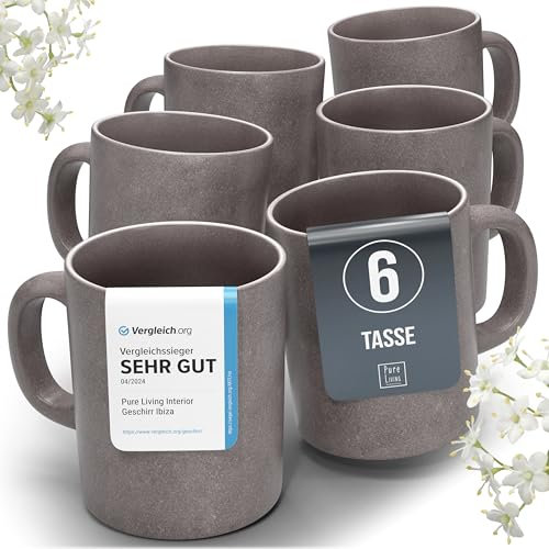 Steingut Kaffeetassen 6 Pers. Hochwertiges Urban Style TEST SEHR GUT Tassen Set, Spülmaschinen-, Mikrowellen- und Kratzfest- Stylisches Tee- und Kaffeebecher Set- Pure Living in matt Grau-braun