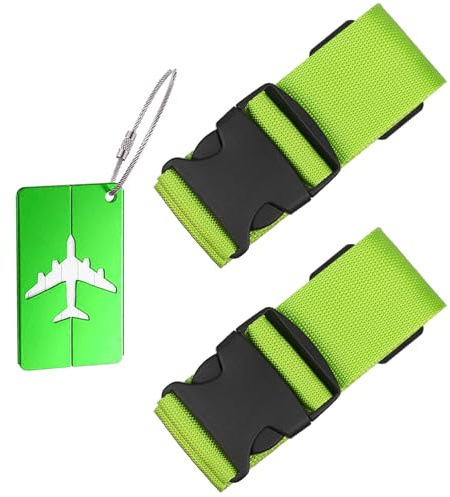 Koffergurt Set mit Gepäckanhänger Kofferband Verstellbar Grün | Sichtbare Kennzeichnung für schnelles Finden von Taschen und Trolleys, ideal für Flugreisen, Urlaub und tägliche Mobilität