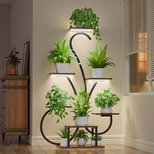 JUSTOGO Blumenständer Pflanzenständer mit Wachstumslichtern - 7 Etagen Pflanzenregal Indoor aus Holz und Metall, 120cm Blumenregal Groß für Wohnzimmer Balkon Schlafzimmer Garten