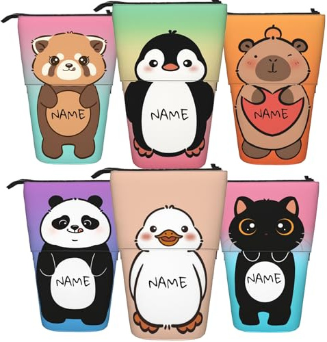 Personalisierte Stehende Federmäppchen mit Namen, Niedlicher Kawaii Cartoon Ente Stifthalter mit Text, Benutzerdefiniertes einziehbares Teleskop-Stiftetui, individuelles Geschenk für Kinder (Ente)