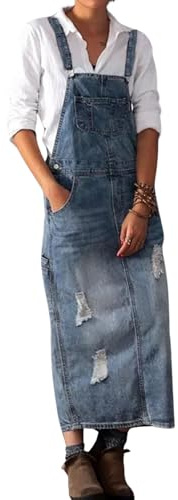loveimgs Abito da donna in denim invecchiato, con bretelle lunghe, con spalline regolabili, stile patchwork, Azzurro chiaro, Medium