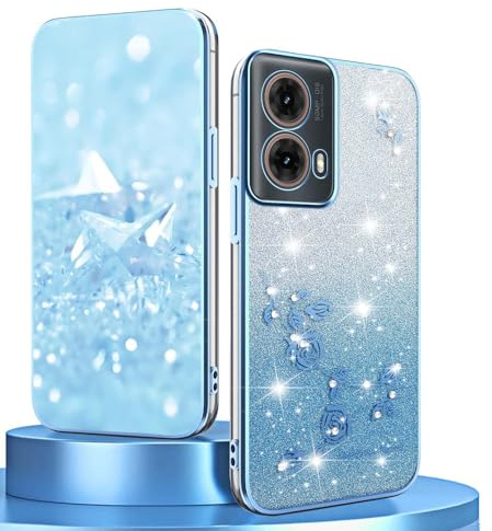 BORYA Silicona Funda para Motorola Moto G85 5G, Ultradelgado Antigolpes Carcasa, Suave TPU Estuche, Elegante Galvanoplastia Brillo Flores Caso con Tarjeta Gradiente, Azul