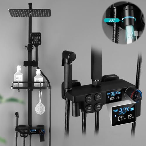 Duschsystem Schwarz mit Thermostat inkl. Temperatur LED-Display, 30 X 19 CM Kopfbrause, Duscharmatur mit 3 Funktion Handbrause, Edelstahl Vielseitig Duschset 86-120 cm verstellbare Duschstange