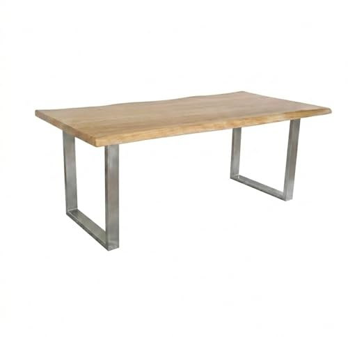 SAM Esstisch Cali 200x100 cm Akazie Eiche Baumkante U-Gestell Silber | Baumkantentisch massiv, Akazienholz Eiche-Optik, 50 mm Tischplatte, Esszimmertisch, Industrial-Design