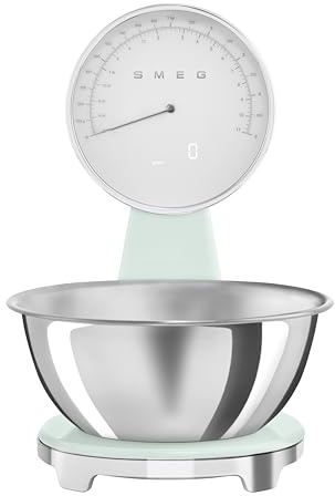 Smeg, Digitale und Analoge Küchenwaage KSF01PGWW, Abnehmbare 1,8-l-Edelstahlschüssel, vier Maßeinheiten g/ml und lb.oz/fl.oz, mit Tara-Funktion, Maximale Kapazität 5 kg, Pastellgrün
