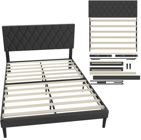 UISEBRT Polsterbett 140 x 200 cm – Bettrahmen mit Knöpfen, Plattformbettgestell mit gepolstertem Kopfteil aus Kunstleder, Holzlattenstütze, Doppelbett für Erwachsene, Modernes Design (Schwarz)