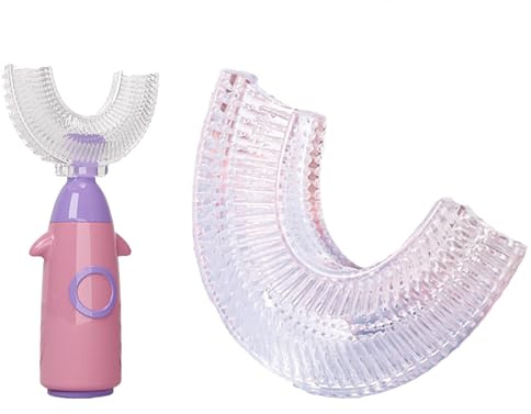 Vonmerie silikon U-formad tandborste för barn, paket med 2 (en normal och en ersättning), 360 graders tandborste för hela munnen, massagestummi (rosa, 1-8 år)