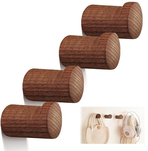 QTMMC 4 Pack Wooden Wall Hooks Wall Mounted Natural Walnut Wood Coat Hooks