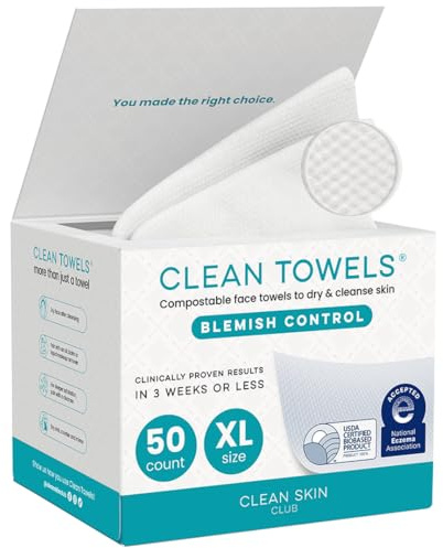 Clean Skin Club Salviette XL™ Blemish Control – Salviette viso 100% Biobased USDA, monouso, approvate dall’Eczema Association, struccanti a secco ultra morbide (50 pezzi, 1 confezione)