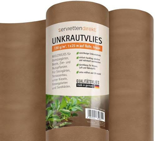 serviettendirekt.de ALLES FÜR DEN GEDECKTEN TISCH Gartenvlies Unkrautvlies Mulchvlies auf Rolle, 1 m x 25 m aus PP Vlies 130g/m² in braun, Gartenfolie atmungsaktiv & wasserdurchlässig UV-stabil
