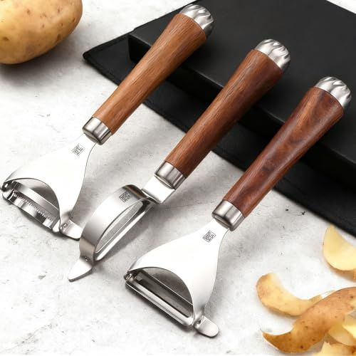 Potato Peelers,Premium 304 Stainless Steel Vegetable peeler with Corn peeler Set, Rosewood Handle For Kitchen,Veggie,Fruit Peeler,Apple, Carrot,Cucumber Peeler(3Pcs)