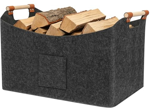 Newthinking 96L Log Baskets, Black Felt Wood Storage Baskets Log Carrier with Pockets and Removable Handles for Indoor Fireplaces Wood Storage