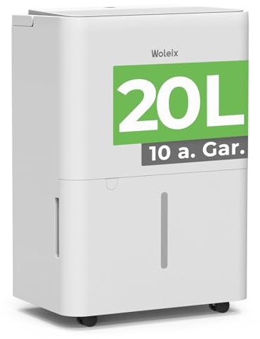 Woleix Deshumidificador 20l silencioso, Deshumificadores de Humedad grande, Deshumidificador electrico con desagüe, Cobertura 50m²/150m³ con Temporizador,10 a. Gar.