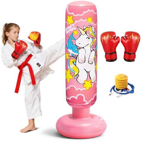 Flintronic boxningssäck barn 3 år för pojkar & flickor, uppblåsbar stående boxningssäck med boxningshandske, tjock stabil 120 cm stor punching bag för att öva karate och taekwondo, rosa enhörning