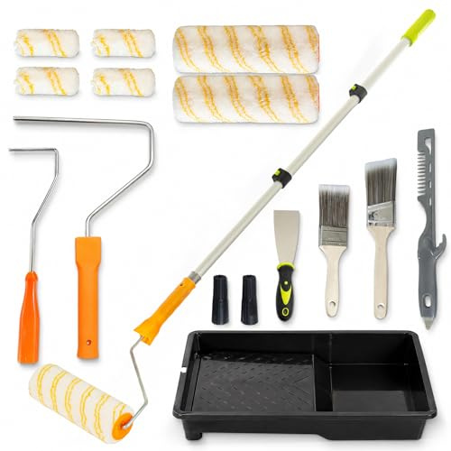 Farbroller Set mit Teleskopstab, Professionelles Maler Set, Farbroller und Wannen Set, Farbwannen-Set für Wandfarbe & Decken, Ideal als Malerrolle für Streichen von Wänden, Decken, Türen, Zierleisten
