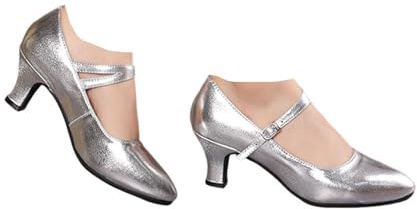 Hixingo Zapatos de Baile Latino Mujer,Salsa y Bachata Cerrados Tango Tacon de 5,5cm, Moderno Salón Tango cha-cha Vals,Zapatos de Baile de Salón (Plateado,39)