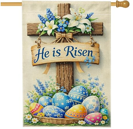 Kreuz-Hausflagge, Frühlings-Lilien, Ostereier, Ostern, blaue Jute, doppelseitig, für den Außenbereich, Hof, Rasen, Terrasse, Tür, Eingang, 71,1 x 101,6 cm