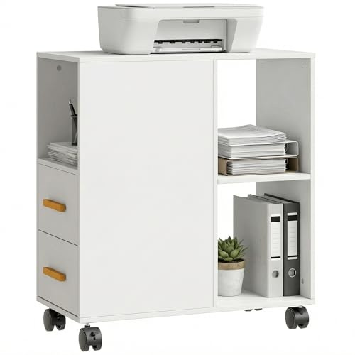HOMCOM Supporto per stampante Tavolo per stampante con ripiano regolabile, rotelle, organizer da scrivania per stampante Carrello per stampante per fax scanner Ufficio 60 x 30 x 65 cm Bianco