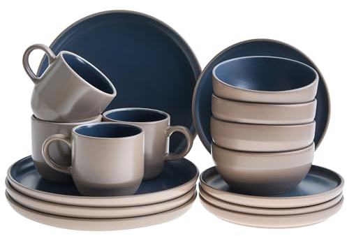 Beliani Service de Table en Grès 16 Pièces 4 Personnes Finition Émaillée Accessoire Cuisine Beige et Bleu Nutmeg
