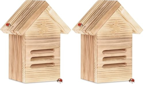 Relaxdays Marienkäferhaus, Holz, Marienkäferhotel Garten, zum Aufhängen, Insektenhotel für Marienkäfer, Natur/braun, 23 x 17 x 12 cm (Packung mit 2)