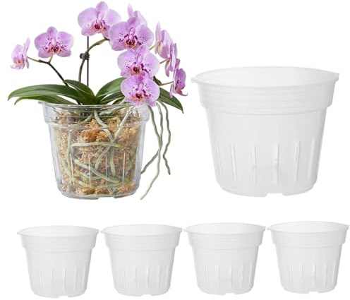 Macetas de plástico transparente for orquídeas ranuradas, paquete 5, 4,8 pulgadas