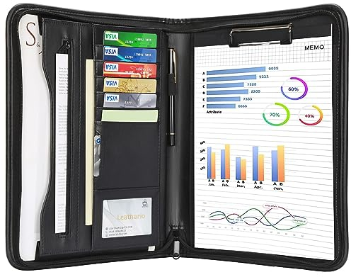 Leathario A4 Konferenzmappe Schreibmappe Portfolio Dokumentenmappe Mappe mit Reißverschluss Schreibblock Schwarz