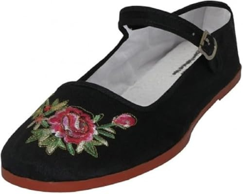 Shoes 18 Womens Cotton China Doll Mary Jane Shoes Ballerina Ballet Flats 114 Black Emb 7