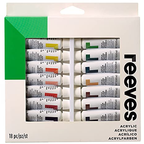 Reeves Acrylic Paint Set - Highly Pigmented Colours - Water-Based Colour Paints for Artists - Art Supplies for Adults & Kids - Suitable for Canvas, Fabric, Metal & More - 18 x 10ml Pack