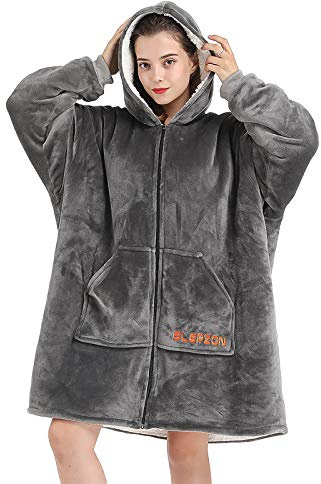 SLEPZON Decke mit Kapuze | Übergroße tragbare Decke – tiefe Taschen, bequeme Ärmel, Reißverschluss vorne – Deluxe Fleece Sweatshirt Decke – Grau