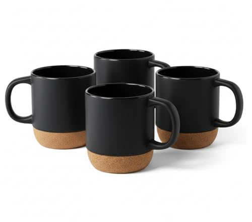 FUN FAN LINE - Pack de Tazas de Café Grandes de Cerámica 4 Unidades | Tazas Altas de Color Negro con Base de Corcho | Juego de Tazas Modernas para Desayuno y Té | Perfecto para el Hogar y la Oficina
