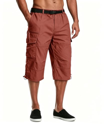 MAGCOMSEN Men's Shorts 3/4 Length Cargo Work Lightweight Carpi Shorts Summer Breathable Cotton Casual Pants with Multi Pockets Red,38