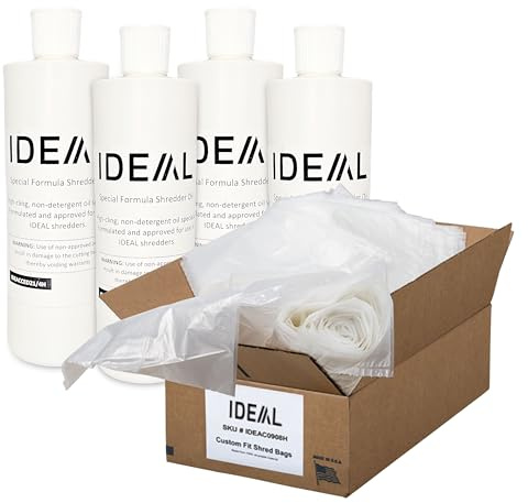 IDEAL Maintenance Combo Pack AC0920H Heavy-Duty Shredder Bags 20”x47”, Case of 80, 40-Gallon, Gusseted+ High-Cling Lubricating Shredder Oil 4x1-Pint Bottles, IDEACCED21/4H. Fits 2503/2604/3104/3105