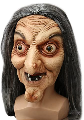 MXJFYY Halloween mask häxa mask, gamla kvinnor halloween skrämmande skräckmask med hår latex mask för halloween fin klänning rekvisita