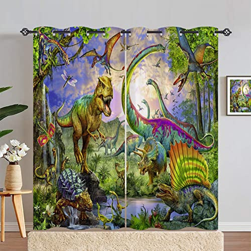 ANHOPE Dschungel Tier Dinosaurier Vorhänge mit Ösen Blickdichte Gardinen Thermo Vorhang Blackout Curtain Schlafzimmer Wohnzimmer Kinder Jungen Mädchen Verdunklungsvorhänge 2er Set H 214 x B 117 cm