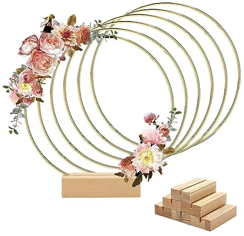 Worown 6 Pezzi Centrotavola a Cerchio Floreale in Metallo con 6 Base in Legno per Tavolo, 30 cm Anelli Ghirlanda d'Oro per Realizzare Decorazioni per Ghirlande da Tavolo di Nozze