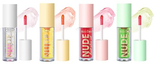Lip Oil Tinted, MKNZOME 4pcs Moisturizing Fruity Lip Glow Oil Plumping Lip Gloss Non-sticky Lip Plumper Tinted Lip Balm Lip Care Make Up Gifts for Women Gilrs Daily Lip Care Repairing &Lip Makeup