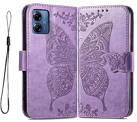 PEIYE Funda para Motorola Moto G14, Carcasa Antigolpes con Tapa, Case Cover Libro Billetera de Cuero PU con Relieve, Ranuras para Tarjetas y Cierre Magnético, Función de Soporte,Púrpura Claro