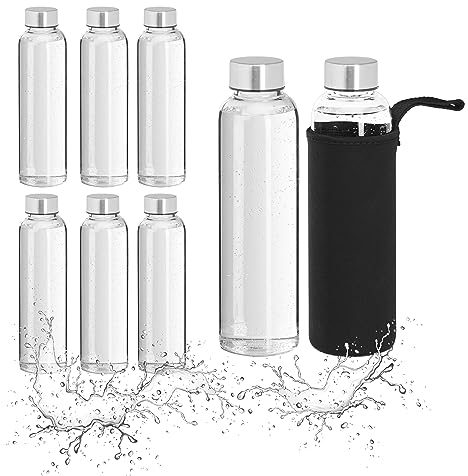 Relaxdays 8X Glass Bottle 500ml Trinkflasche mit Edelstahldeckel, 8er Set, 500 ml, Glasflasche mit Hülle, Borosilikatglas, transparent/schwarz, 70% Glas, 20% Edelstahl, 10% Gummi