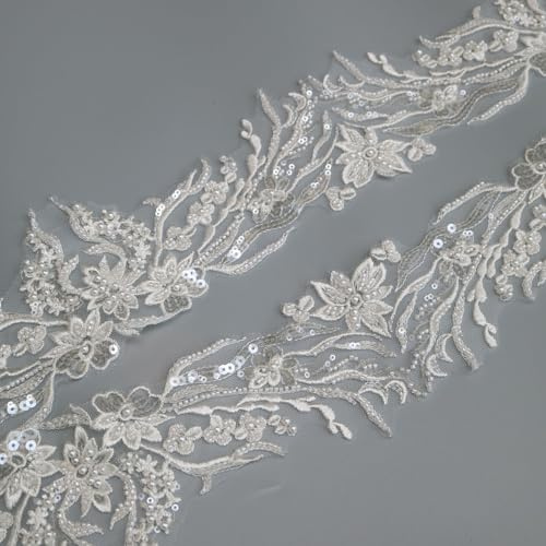 G-RUI 2 yard Blumen Pailletten Perlen Stickerei Blume Applikationen für Brautkleider Spitze Trims Band Applikationen Patches Stickerei spitze parches ropa (Weiß)..