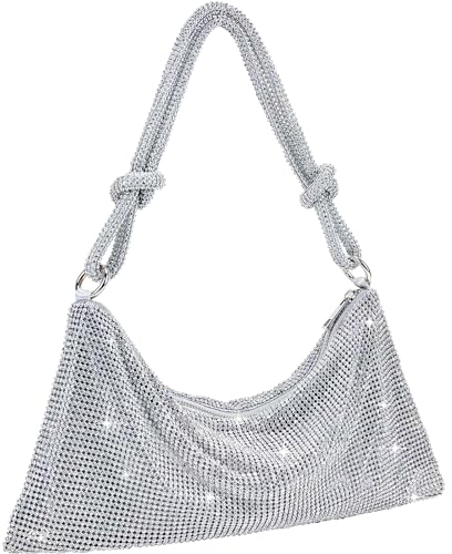 TOPALL Clutch Glitzer Damen,Silber Abendtasche,Handtasche Diamant Tasche Schultertasche Silber mit Reißverschluss, Strasssteine Clutches Brieftaschen Umhängetasche für Party Freizeit Date(A-Silber)