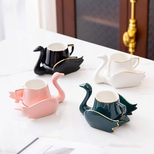 Espressotassen Kreatives Schwanen-Kaffeetassen-Untertassen-Set mit Goldrand, kleine süße weiße, Schwarze, grüne, rosa Keramiktassen und Untertassen, schöne Geschenke Espresso Tassen (Color : Pink Set