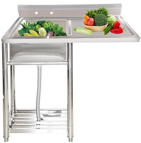 Fregadero de Catering Comercial, Fregadero de Cocina de Restaurante de Acero Inoxidable con Drenaje y Protector contra Salpicaduras, Fregadero de un Solo tazón con Estante de Almacenamiento