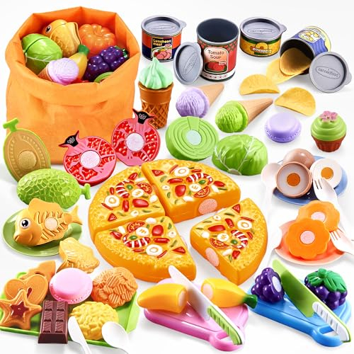 DawnReach Cuisine Enfant 66 Pièces - Dinette avec Pizza, Glace, Fruits et Légumes à Couper, Accessoires et Ustensiles - Jouet Imitation pour Garcon Fille 3 4 5 Ans